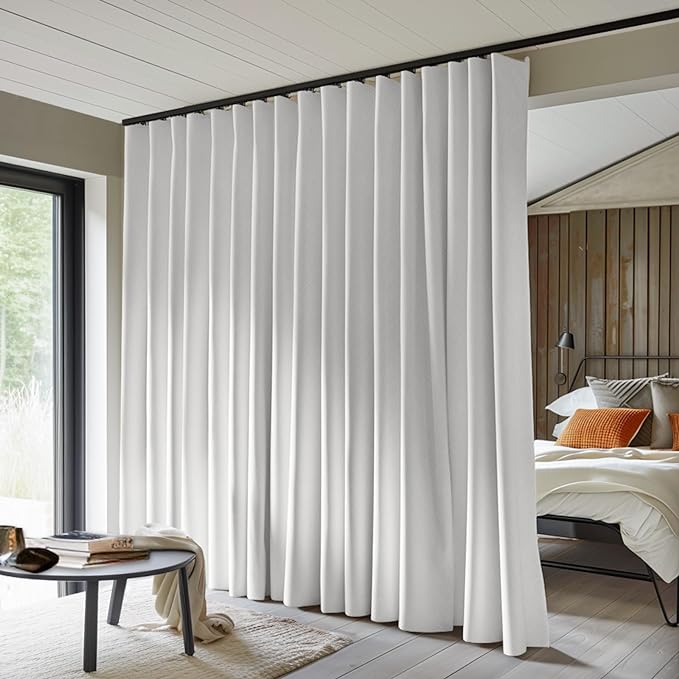 Room Divider Curtains Total Blackout Privacy Curtain Panel Room Thermal Insulated Noise Reduction Curtains for Bedroom Window Living Room Ceiling Track Curtain W 15 ft × H 9 ft White