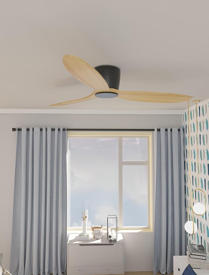 OUATER Flush Mount Ceiling Fan no light with Remote, 52 inch Low Profile Wood Ceiling Fan without light for Outdoor, Bedroom, Natural Wood and matte Black, DC Motor, 6 Speed