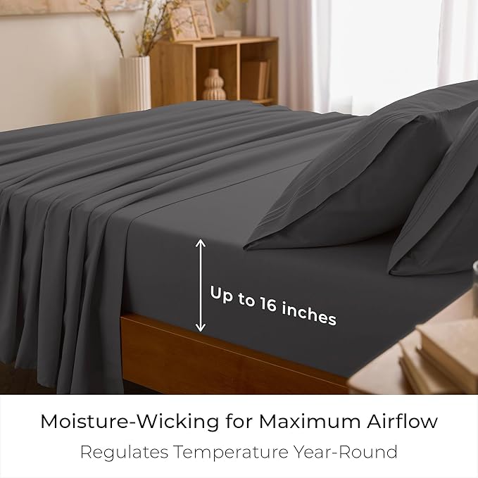 Mellanni Twin Sheet Set - 4-Piece Iconic Collection Bedding, (Including 2 Pillowcases), 16-Inch Deep Pocket, Easy Care, Extra Soft, Cooling Sheets, Brushed Microfiber - Gray
