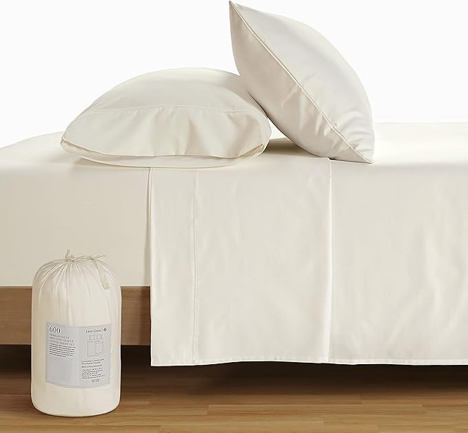 LANE LINEN Bed Sheets Queen Size – Premium 600 Thread Count Long-Staple 100% Cotton Sheets Queen Size Set, Hotel Luxury Soft & Cool Sateen Finish, Fully Elasticized 15" Deep Pocket – Ivory
