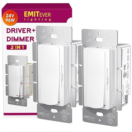 Dimmer Light Switch & 24V 96W Dimmable LED Driver 2 in 1, 2PK Single-Pole or 3-Way Slide Dimmer Switches for Led Strip Lights,120VAC to 24VDC Power Supply for Low Voltage Project, UL Listed