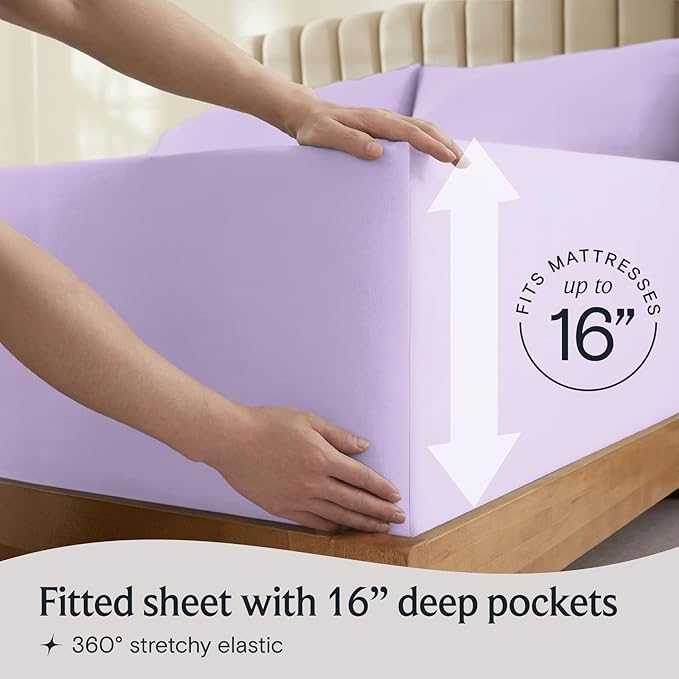 LuxClub 4 PC Queen Sheet Set, Deep Pockets Wrinkle Free Cooling Bed Sheets Hotel Bedding for Women, Men, Includes 1 Fitted Sheet, 1 Flat Sheet and 2 Pillowcases-Silky Soft Lavender
