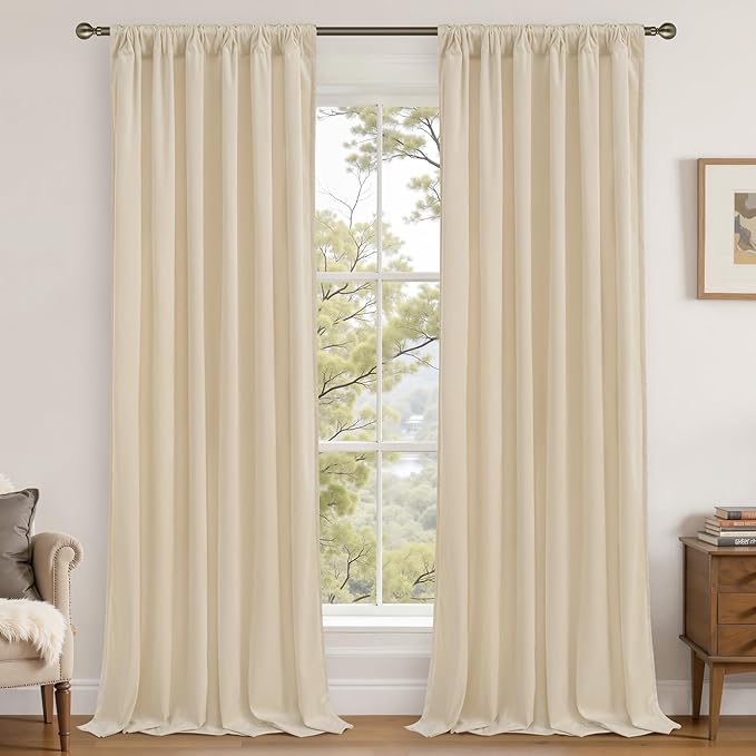 LAMIT Beige Velvet Curtains 102 Inch for Living Room, Elegant Thermal Insulated Drapes Noise Reducing Back Tab and Rod Pocket Drapes for Bedroom/French Door, 2 Panels, 52 x 102 Inch