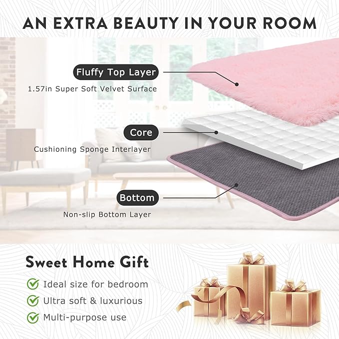 Pink Rugs for Bedroom Girls, 4x6 Fluffy Area Rug for Living Room, Soft Shag Carpet for Kids Room Dorm, Indoor Fuzzy Shaggy Rug, Cute Home Decor
