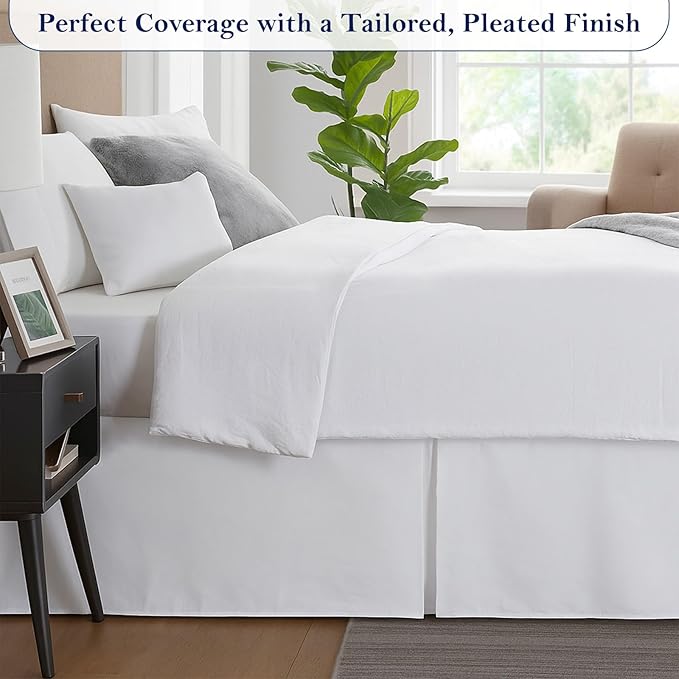 Queen Bed Skirt, Luxury 16 Inch Drop White Pleated Bed Skirt, Double Brushed Microfiber, Box Pleat Design, Wrinkle & Fade Resistant, Easy Fit Tailored Bedskirt for Queen Size Beds