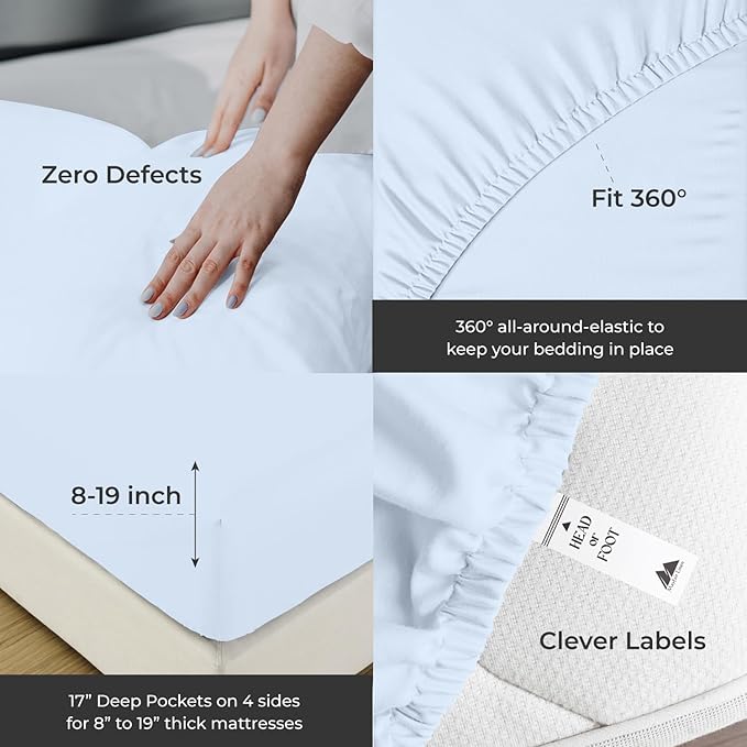 Mayfair Linen 100% Egyptian Cotton King Sheets Set - 2000 Series Luxury Sheets King Size Bed Set, Soft & Cooling, Sateen Weave 17" Extra Deep Pocket Hotel Collection Sheet (4 Pc, Light Blue)