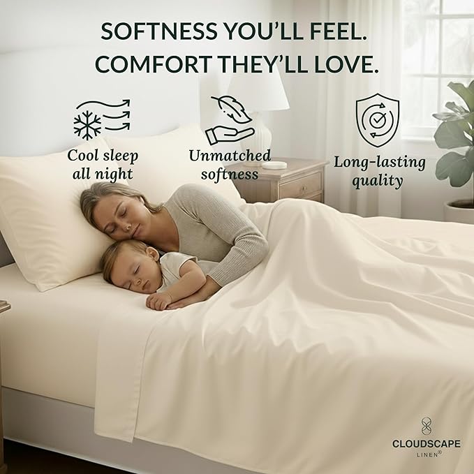 Cloud Scape Linen 100% Egyptian Cotton California King Sheet Set, 400 Thread Count,4 Pieces Luxury Bedding Set, Hotel Quality, Silky Soft, Breathable and Durable, Deep Pockets up to 17, Ivory