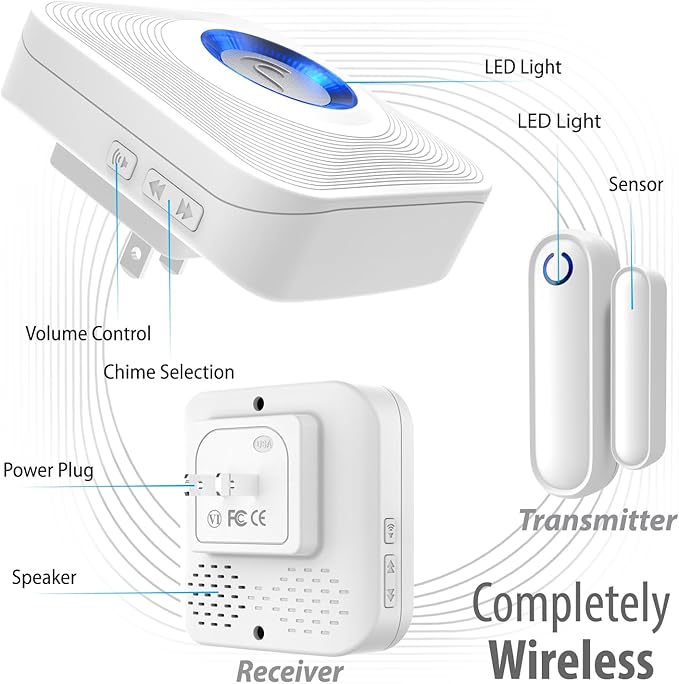 Fosmon WaveLink Wireless Door Chime with 500 Feet Range, 58 Tunes, 5 Volume Levels & LED Indicators for Home/Business/Office (1 Receiver + 1 Sensor)