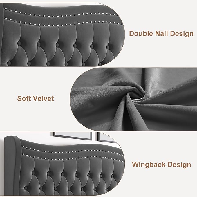 Full Bed Frame with Tall Headboard & Footboard, Velvet Upholstered Platform Bed Frame with Deep Button Tufted Wingback, No Box Spring Needed, Noise Free, Grey
