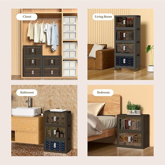 Stackable Storage Bins with Lids Open Front, 155Qt Large Plastic Foldable Containers for Clothes, 3 Pack Multifunctional Collapsible Storage Boxes for Home, Pantry, Office (S, Gray 3-Tier)