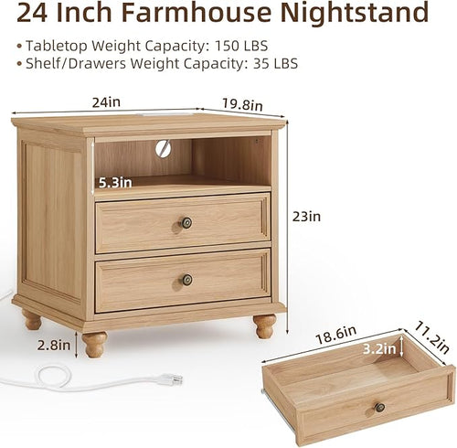 24" Wide Farmhouse Nightstand with Charging Station, End Table with 2 Drawers, Natural Wood Dresser for Bedroom Cabinet, Bed Side Table Chest of Drawers, Night Stand for Living Room, Closet