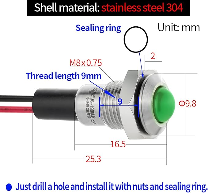 ZGSZJHF UL Listed Mini Indicator Light 8mm 0.31" Waterproof Domed Metal Stainless Steel Signal Lamp 12V-24V DC/AC Red and Green LED Light with 140mm Wire