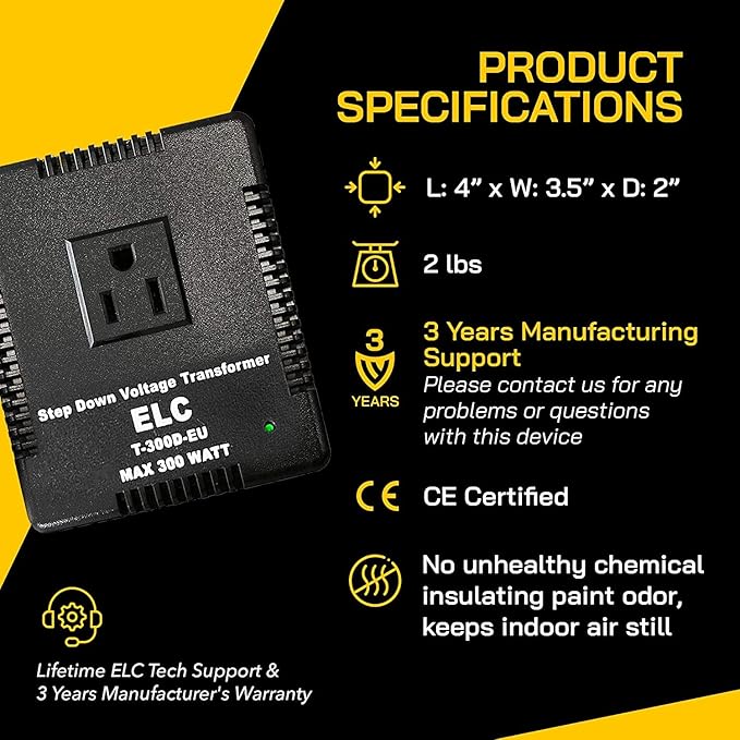 ELC 300-Watt Voltage Converter - Step Down - 220v to 110v / 240v to 120v Travel Power Converter - for Hair Straightener, Hair Dryer, Laptops and Chargers, CE Certified [3-Years Warranty]