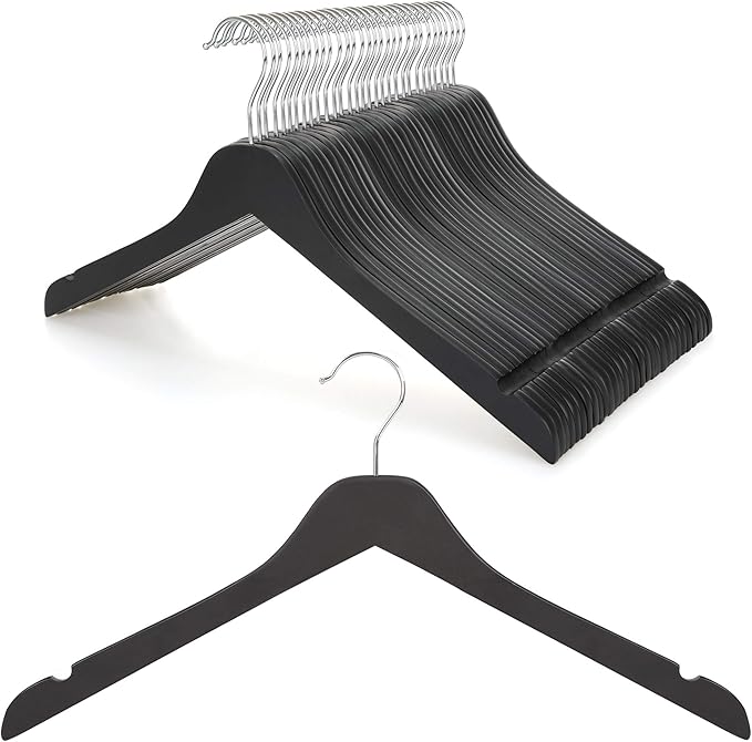 TOPIA HANGER Black Wooden Hangers 30 Pack, 0.28-inch Thick Slim Wood Clothes Hanger with Flat Design and Smooth Notches, Lightweight Space Saving Hangers for Shirt, Coat, Camisole-CT31B