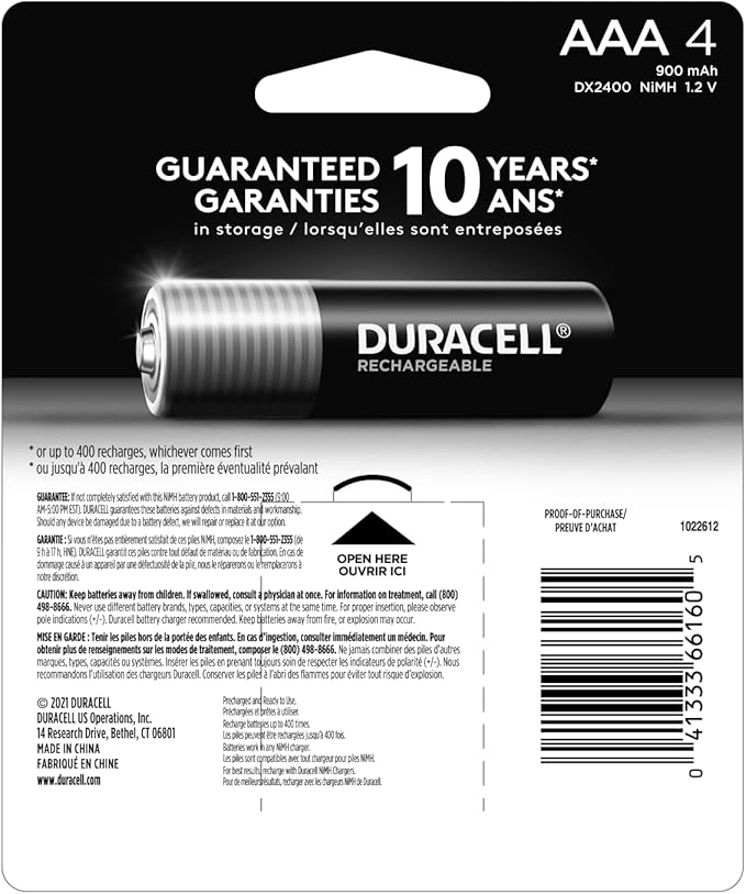 Duracell Rechargeable AAA Batteries 4 Count, Long-lasting Power, All-Purpose Pre-Charged NiMH Triple A Battery for Household and Gaming Devices