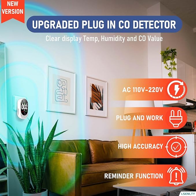 LSENLTY Carbon Monoxide Detectors Plug in, 3-in-1 CO Detector (Temp, Humidity and CO Gas), HD Color Screen Carbon Monoxide Detectors with Remind Function and Selftest Function for Hotel RV, 2 Pack