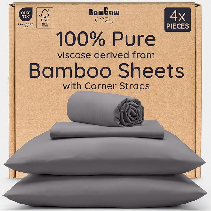 Bambaw 100% Viscose Derived from Bamboo Sheets California King Size Set – 4pcs Cooling Sheets For Night Sweats, Extra Soft Sheet Set, Deep Pocket Fits Up to 16'' With Elastic Corner Straps (Dark Gray)