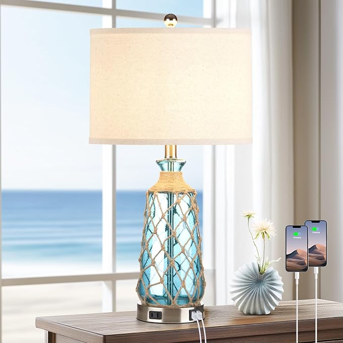 Coastal Glass Table Lamps, 3-Way Dimmable Touch Control Bedside Lamps with 2 USB Ports and AC Outlet, Teal Nautical Nightstand Lamps for Bedroom Living Room (LED Bulbs Included)