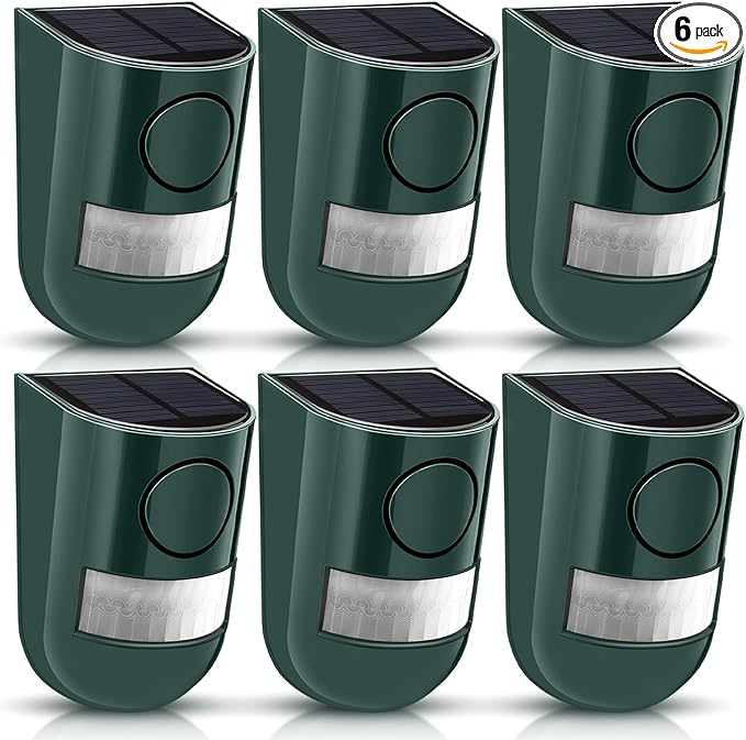 Qualirey 6 Pack Solar Sound and Light Alarm Motion Sensor 129db Outdoor Security Siren Waterproof Motion Activated Detector Alarm 6 LEDs Flash Warning Strobe System for Home, Farm (Green)