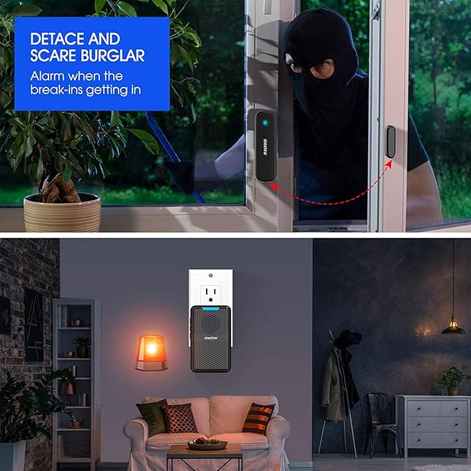 Wireless Door Chime, 600Ft Range 5 Adjustable Volume 2 Magnetic Door Alarm Sensor 1 Doorbell Plugin Receiver with 62 Chimes Mute Mode Door Bell Plugin Receiver for Home/Office/Store STECHRO (Black)