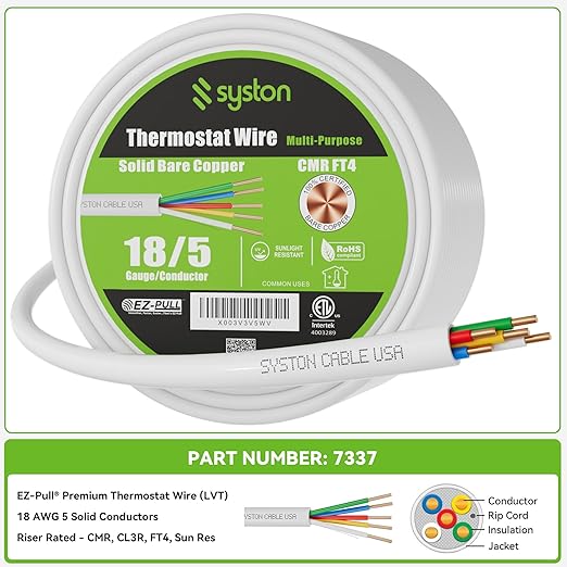 Syston 18/5 Thermostat Doorbell HVAC Heating Control Cable Wire, 18 AWG 5 Conductors 100% Solid Copper Conductors CL3R/FT4/CMR Riser-Rated, UV Resistant RoHS for Low Voltage Applications Use