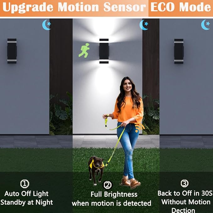 rosykite Motion Sensor Outdoor Wall Lights, Dusk to Dawn Exterior Light Fixtures with 3 Modes, Modern Up Down Wall Sconce, Waterproof Aluminum Porch Light for Garage, Patio, Front Door