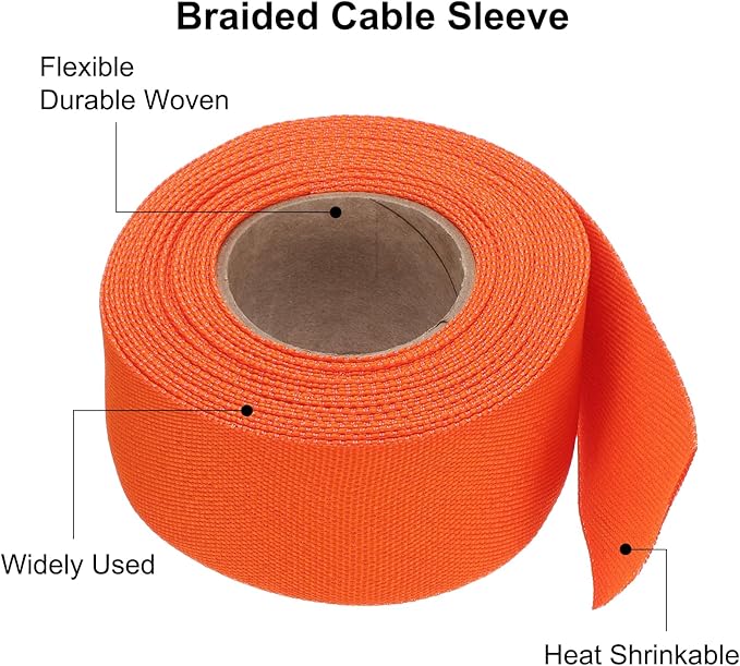 MECCANIXITY Braided Cable Sleeves Heat Shrinkable Fabric Sleeving, 1 9/16" 26ft Orange 2:1 Ratio Heat Shrinkable Cord Protector for Harness Cable, Network Cable Protection, Cable Management
