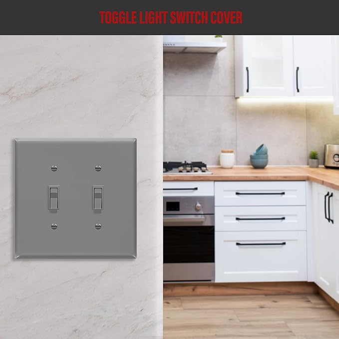 ENERLITES Double Light Switch Wall Plate, Toggle Switch Plate, Gloss Finish, 2-Gang Mid-Size 4.88" x 4.92", Unbreakable Polycarbonate Thermoplastic, UL Listed, 8812M-GY, Gray