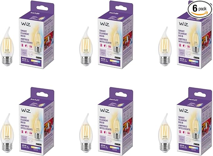 WiZ Connected 40W BA11 Tunable White Filament LED Candle Bulb - Pack of 6 - E26 - Indoor - Connects to Wi-Fi - Control with Voice or App - Matter Compatible