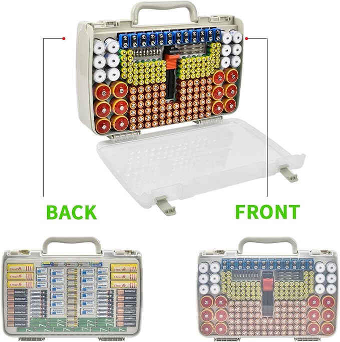 Aptbyte Battery Organizer Storage Holder Box Case with Tester- 269 Batteries Double-Sided Variety Pack, Holds AA AAA 4A C D Cell 9V 3V Lithium LR44 CR2 CR123 CR1632 18650 Button- White(Box Only)