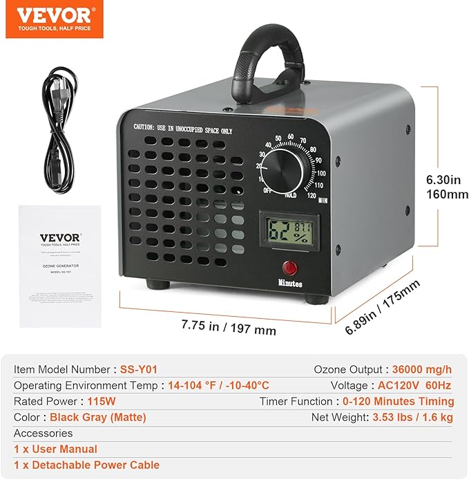 VEVOR Ozone Generator, 36000mg/h Ozone Machine, High Capacity Commercial/Industrial Ozone Generator Machine with 0-120 min Time Setting for Rooms, Cars