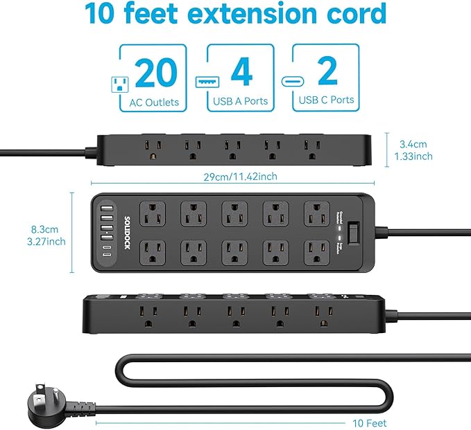 Solidock Power Strip Surge Protector Flat Plug with 20 AC Outlets 6 USB Chagring Ports, 1875W/15A, 2700J, 10 Ft Heavy Duty Extension Cord for Home, Office, Dorm, Gaming,ETL Listed (Black, 10 Feet)