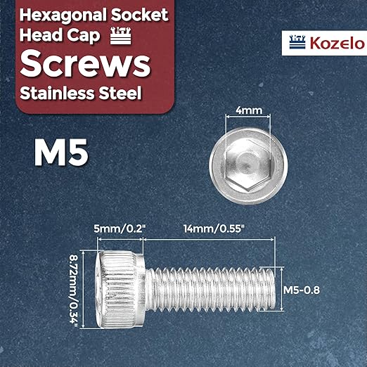 Kozelo 30pcs Socket Head Cap Screws - [M5-0.8 x 14mm] 304 Stainless Steel Allen Socket Drive for Electrical Motor 3D Printing Fan Engine Replacement Use, Silver