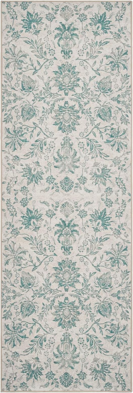 jinchan Torino Runner Rugs 3x10 Vintage-Inspired Floral Design Machine Washable Non-Slip Ultra-Thin Low-Pile Rubber Backing Traditional Rug for Kitchen Hallway Laundry Room Entryway Turquoise