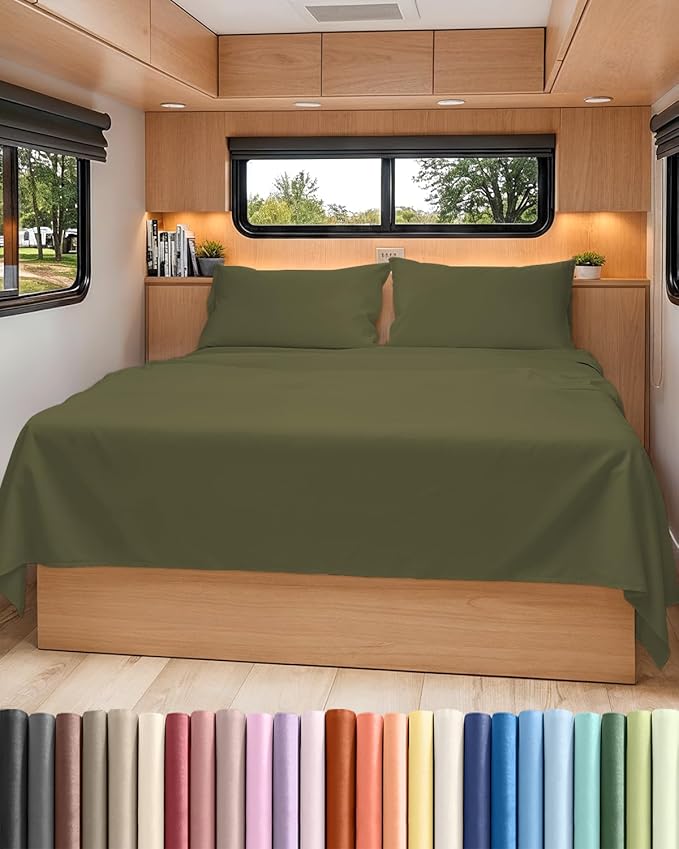 RV Short Queen Sheet Set 60 X 75 - 4 Piece RV Short Queen Bed Sheets - Soft, Breathable & Cooling - Designed for Bunks, Trailers & Campers - Fits 8” to 12" Mattress - Hotel Luxury Bedding - Sage Green