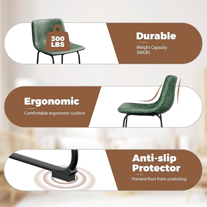Dining Chairs Set of 8, 18 Inch Modern Armless Dining Chair with Back, Faux Leather Kitchen Dining Room Chair with Metal Legs for Home, Bistro Coffee Shops (Green)