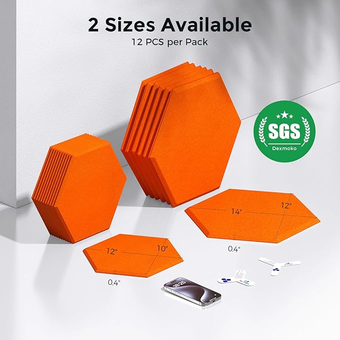 Self-Adhesive Acoustic Panels [390 lbs/yd³ Ultra-High Density], 2nd Generation Sound Absorbing Panel, Professional Level Sound Panel, Polyester Soundproof Foam [Size L, Orange]