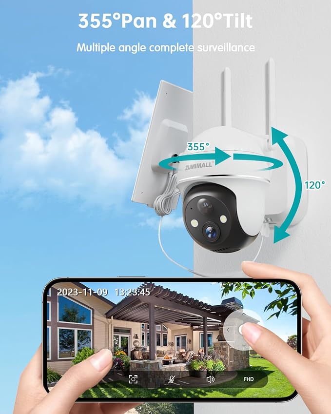 ZUMIMALL 2K Solar Security Cameras, 360° View Outdoor Camera Wireless Solar Powered, 2.4G WiFi Only, Spotlight/Siren/3MP Color Night Vision/2-Way Audio/AI Detection/IP66, Work with Alexa, 4-Pack