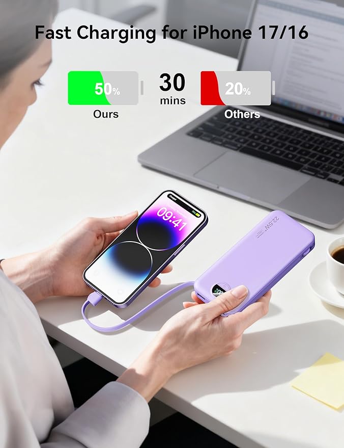Ultra-Portable-Charger-Power-Bank with Built in Cables&AC Wall Plug,12000mAh PD20W USB-C Fast Charging Cell Phone Charger Battery Pack,LED Display Travel Battery Bank for All iPhone,Samsung,Android