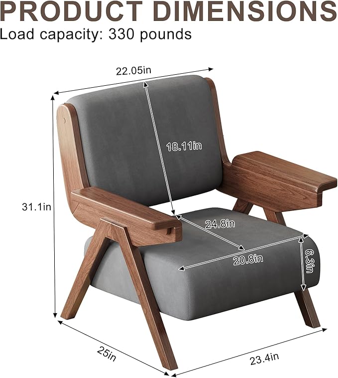 Mid Century Modern Accent Chair, Fabric Upholstered Lounge Arm Chair with Solid Wood Frame for Living Room, Bedroom, Office, Reading Corner (Gray, Single Chair)