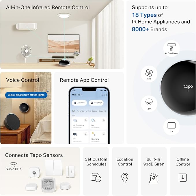 Tapo Smart IR & IoT Hub with Chime - Universal Remote for TVs, ACS, & 18+ Device Types, Matter-Certified, Supports 8,000+ Infrared Brands, Voice & App Control, Custom Schedules & Automations, H110
