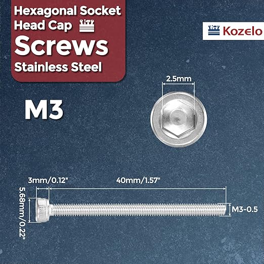 Kozelo 100pcs Socket Head Cap Screws - [M3-0.5 x 40mm] 304 Stainless Steel Allen Socket Drive for Electrical Motor 3D Printing Fan Engine Replacement Use, Silver