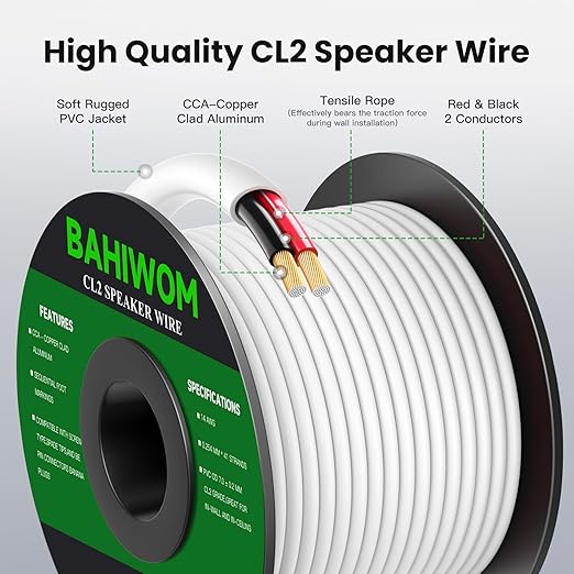BAHIWOM Fire Safety CL2 Speaker Wire in-Wall & in-Ceiling 14 Gauge Wire 200 FT CCA Cord 2 Conductors Red Black Speaker Cable for Indoor Home Theater System,Car Audio Soft White Jacket