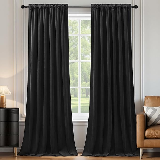 Black Velvet Blackout Curtains Extra Long Room Darkening Drapes Super Soft Elegant Thermal Insulated Soundproof Window Curtains for Bedroom Living Room, Back Tab Rod Pocket, W52 x L102, 2 Panels