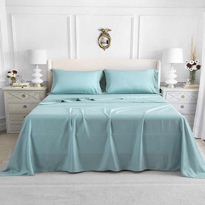 Linen World Lyocell Cooling Bed Sheets Set King Size,100% Organically Grown Viscose Sheets,Deep Pocket Up to 16",4 Pieces Silky Soft,Breathable Bedding Sheets & Pillowcases(Ice Blue,King)