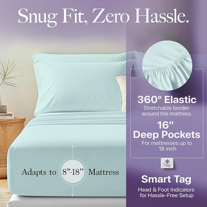 Carressa Linen 100% Egyptian Cotton Queen Sheet Set - 600 Thread Count Egyptian Cotton Queen Sheets Set (4 PC, Seafoam Green), Ultra Soft, Cooling, 16" Deep Pocket Sateen Weave Luxury Hotel Bed Sheet