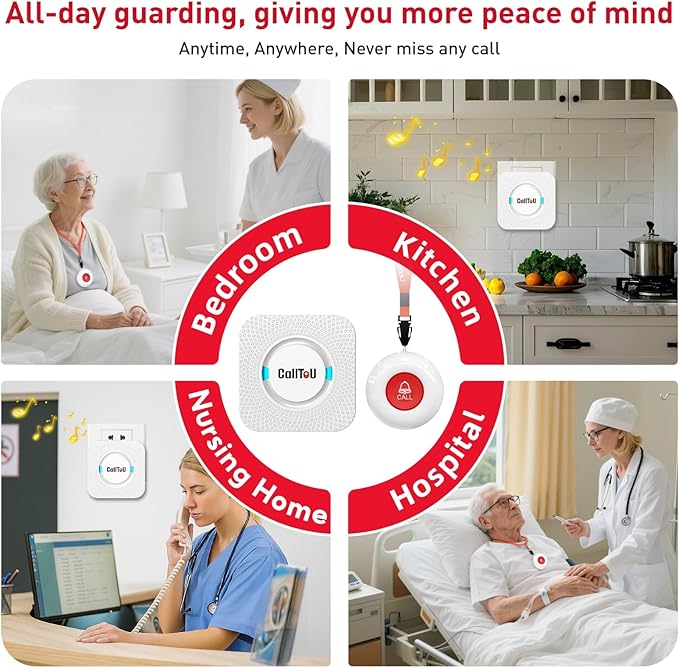 CallToU Caregiver Pager Wireless Call Button Smart Bell Alert System for Elderly Home Patient Seniors Nurse 4 Portable Waterproof Transmitters 1 Plugin Receiver