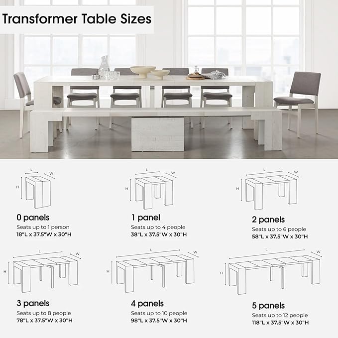 Transformer Table - Solid Wood Extendable Dining Table, Seats 2-12, Extendable Dining Room Table, Space-Saving Furniture, Expandable Dining Furniture (White, Table Only)
