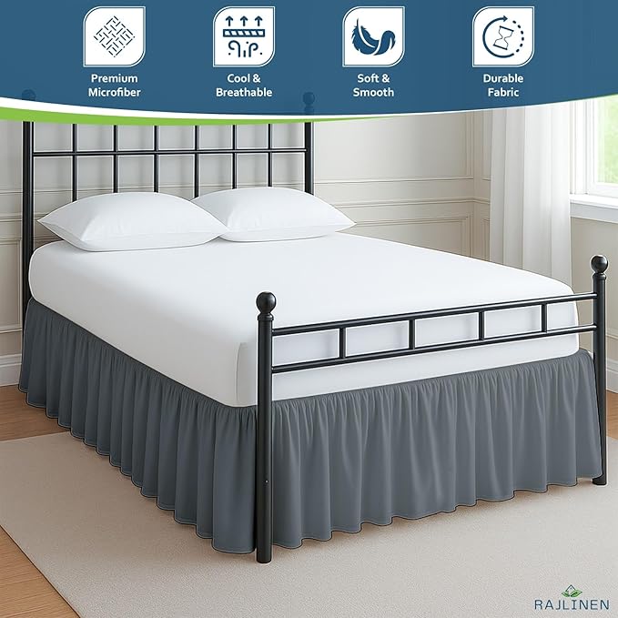 Rajlinen Ruffled Bed Skirt King, 21 Inch Drop Dust Ruffle with Split Corners, 100% Microfiber Bedskirt with Platform, Three-Sided Coverage Ruffled Gathering Design, Dark Grey