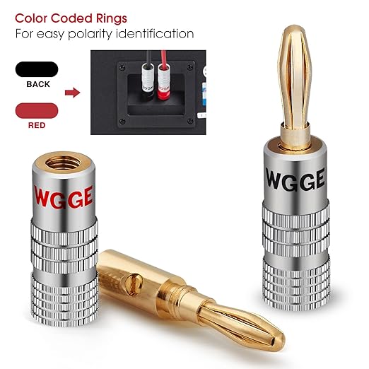 WGGE WG-009 Banana Plugs Audio Jack Connector, 24k Gold Dual Screw Lock Speaker Connector for Speaker Wire, Wall Plate, Home Theater, Audio/Video Receiver and Sound Systems (6 Pairs / 12 pcs)